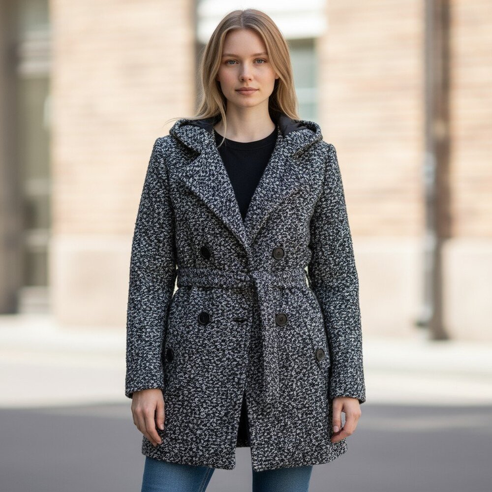 Metaphor Black & White Tweed Hooded Belted Coat - Women's Size Medium